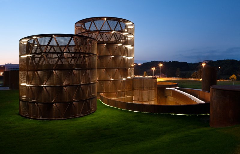 At night, the silo illuminates.