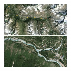 Figures 1 et 2 : Photographies aériennes (issues du site Google Maps : URL : https://maps.google.fr) sur lesquelles on identifie l’extrémité Sud de la route départementale 530 qui prend fin à la Bérarde, dernier village de la vallée du Vénéon. Le torrent éponyme prend naissance dans un glacier situé quelques kilomètres en amont.