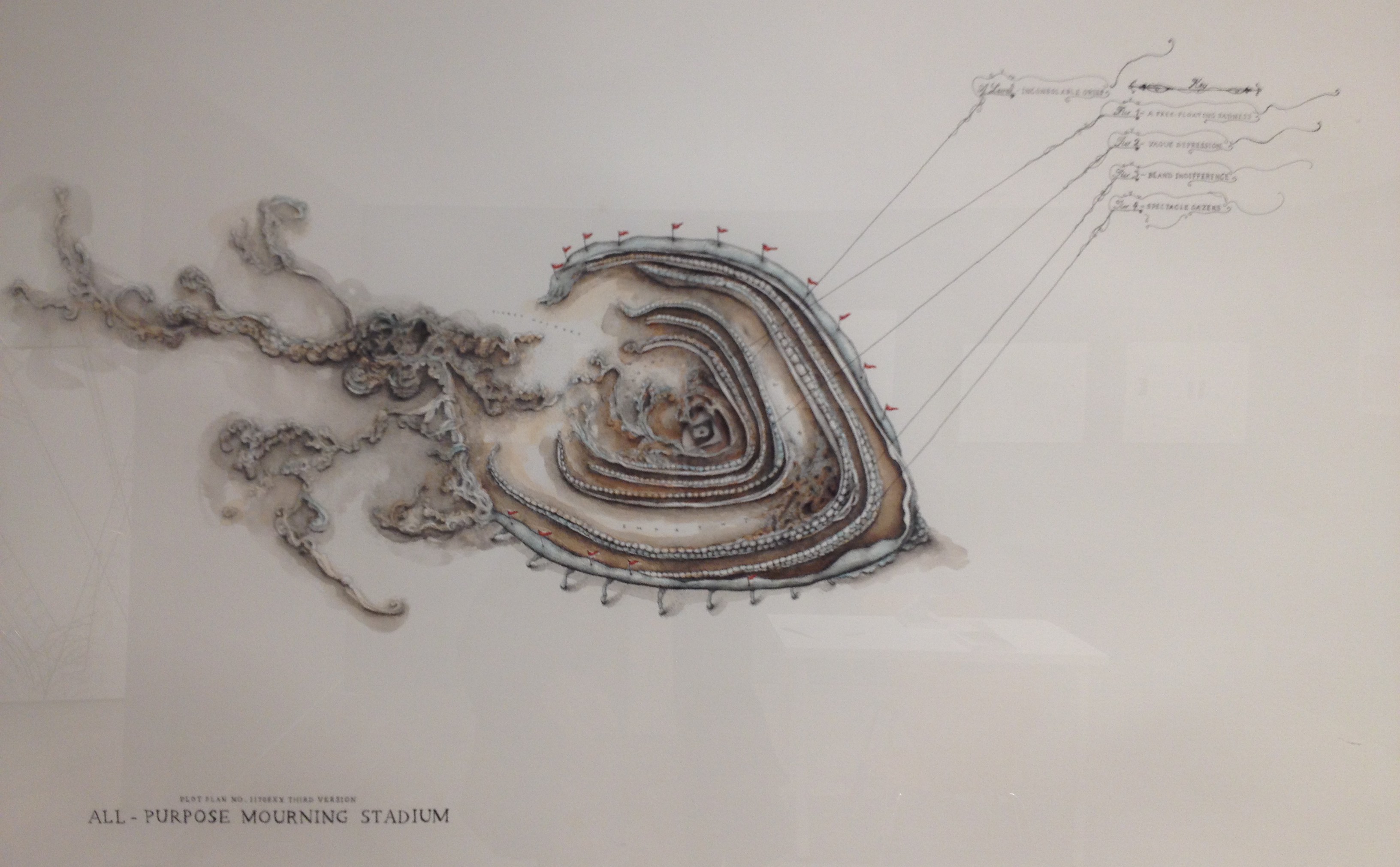 Patricia Smith, All-purpose mourning stadium, 2008, ink and watercolor on paper, or the "re-creation of a physical space within the mind".