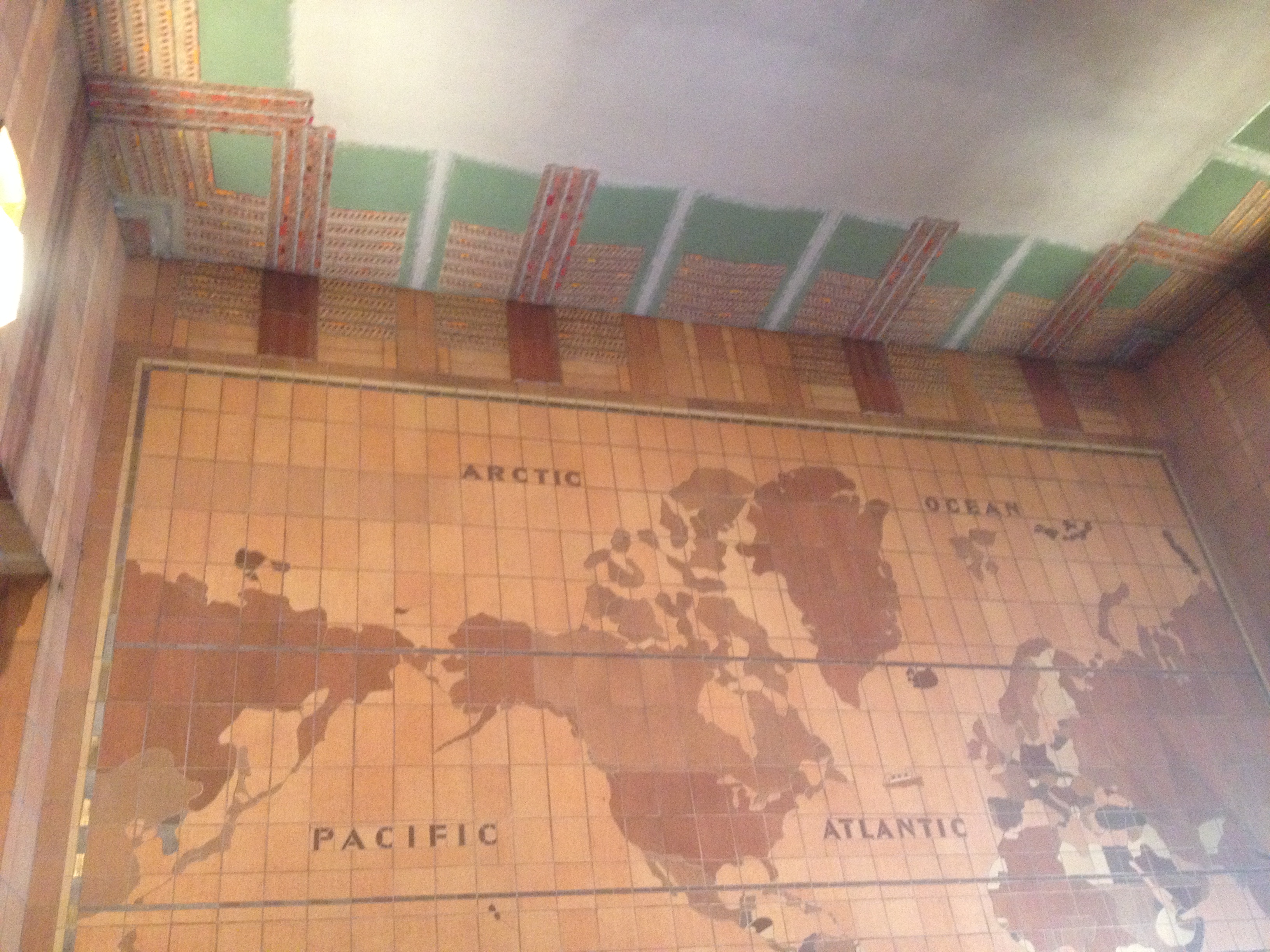 New telecommunications promised to connect people from all around the world, as this 20th century tile painting shows at the AT&T building lobby at 6th av and Walker st.