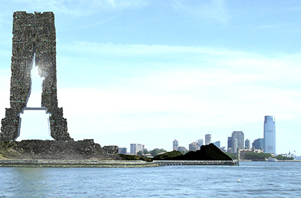 The Statue of Liberty is outlined with the amount of trash produced in NY City in an hour.